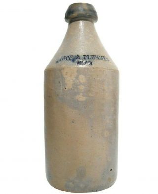 Mid - 19th C 1843 Antique Rice & Plummer Stmpd Stoneware Bottle W/blue Glzd Spout
