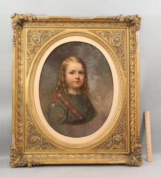 19thc Antique Portrait Oil Painting Young Blonde Boy Military Uniform Gilt Frame