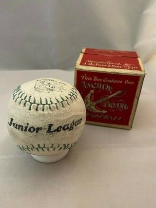 Vintage Anchor Brand Junior League Baseball With Orig.  Box Green Stitching Rare
