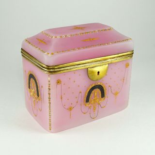 Antique French Pink Opaline Glass Raised Enamel Jewelry Box,  Casket