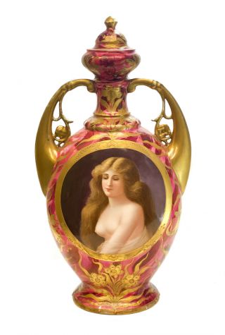 Royal Vienna Art Nouveau Porcelain Twin Handled Urn,  Partially Nude Beauty C1910