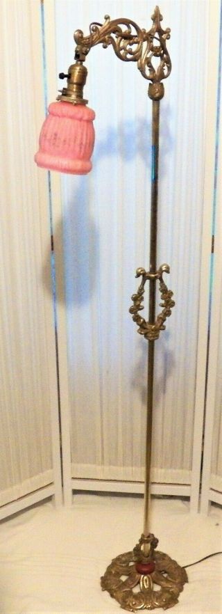 Antique All Solid Brass Bridged Ornate Floor Lamp With Reverse Painted Shade