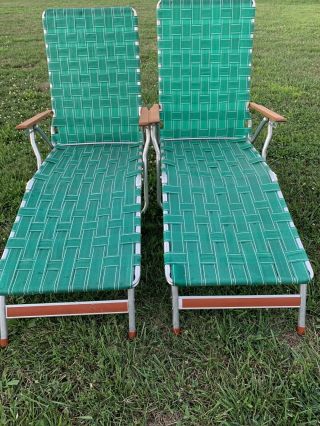 2 Aluminum Webbed Green Folding Lawn Patio Porch Chair Chaise Lounge Vintage