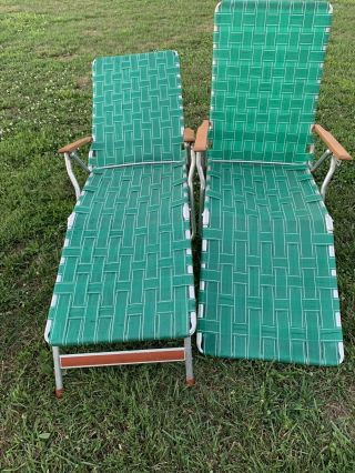 2 Aluminum Webbed Green Folding Lawn Patio Porch Chair Chaise Lounge Vintage 2