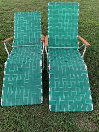 2 Aluminum Webbed Green Folding Lawn Patio Porch Chair Chaise Lounge Vintage 3