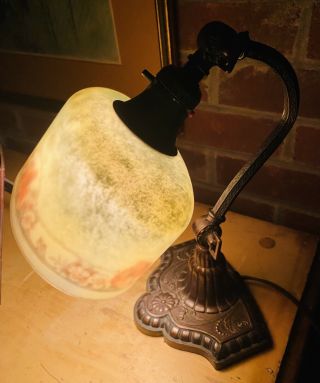 C.  1920’s Bellova Or Fairies Reverse Painted Glass Shade Adjust.  Desk Lamp Nyc