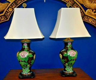 Large 35 " Chinese Cloisonne Vase Lamps - Porcelain Enamel Asian Oriental