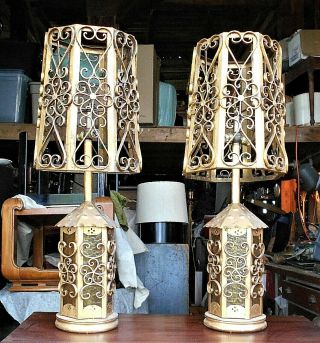 Monumental Vintage Spanish / Italian Gilt Wrought Iron Table Lamps