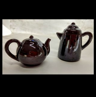 Vintage Brown Stoneware Coffee Kettle Teapot Salt And Pepper Shakers