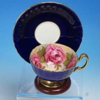 Aynsley Bone China - Cabbage Rose Tea Cup And Saucer - Pinks Greens Cobalt Blue
