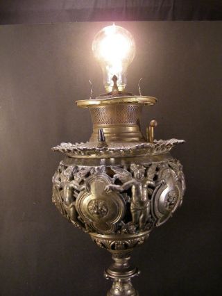 19 c B&H GWTW Cherup Banquet Parlor Kerosene Marble Column Oil Lamp Electrified 2