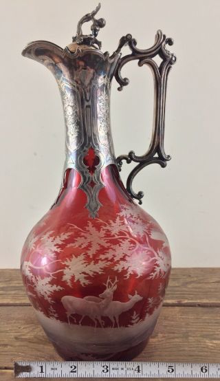 Antique 1849 Elkington & Co.  Ruby Red Glass Claret Jug Etched Woodland Scenery