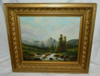 1890s Landscape Oil Painting On Canvas Of Mountains Antique Gesso Frame Look