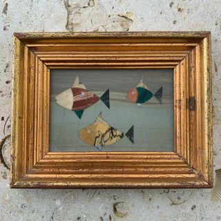 Vintage Italian Florentine Pietra Dura Mosaic Three Fish W Gold Color Frame
