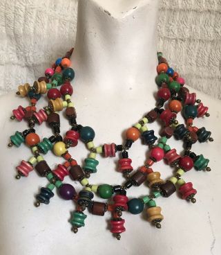 Vintage Signed Miriam Haskell 3 Strand Multi Colored Wood Spool Bead Necklace