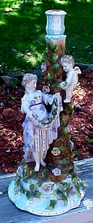 Antique Lg 15in Dresden Meissen Porcelain Figural Lady & Cherub Candlestick
