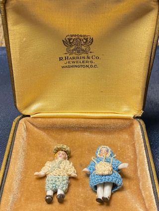 Pair Antique German Miniature All Bisque Carl Horn Dolls 1 1/2 " Crochet Outfits