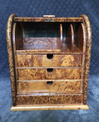 Rare Antique English Burl Yew Wood Roll Top Tambour Stationery Box Organizer