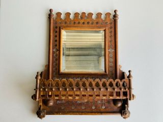 Antique Victorian Carved Wood Wall Hall Shelf Rack W/ Bevel Mirror