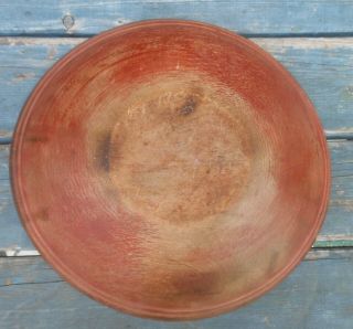 Good Antique American Treen Turned Wood Bowl In Red/ Brown Paint 10