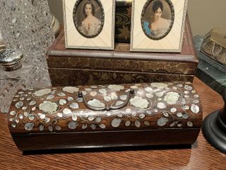 Antique English 19thc Inlaid Mother Of Pearl Sterling Glove Box Casket