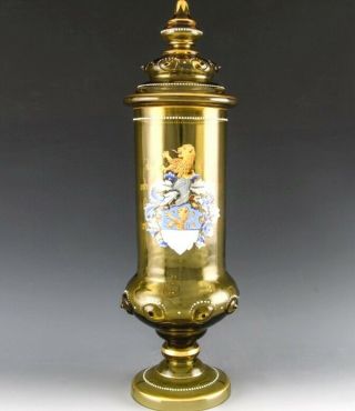 Large Antique Theresienthal Austrian German Armorial Enamel Art Glass Urn Vase