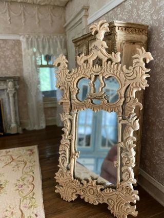 Vintage Miniature Dollhouse Artisan Ornate Carved Wood Entry Hall Wall Mirror