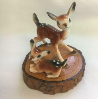 Vintage 2 Porcelain Deer On A Round Wood Tree Block 3 " Tall