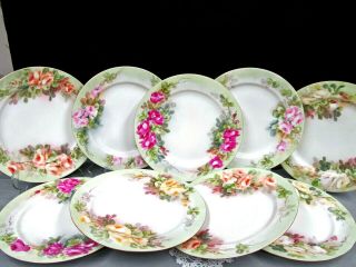 Haviland Limoges France 9 Hand Painted Roses Plates Salad Plate Cabbage Rose Set