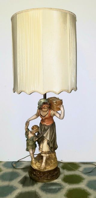 Vintage Antique Large Cherub Lamp Woman Carrying Basket With A Boy 44 "