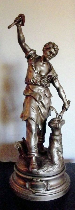 L & F Moreau Forgeron Spelter Figure,  Metal Statue Of Blacksmith,  28 " Tall