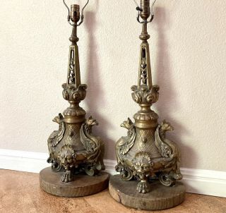 Pr Antique French Empire Brass Or Bronze Andiron Custom Conversion Table Lamps