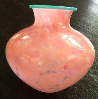 Vintage Cohn Stone Cased Art Glass Vase Pink Tortoise Shell Design Aqua Lip 1989