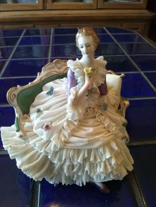 Large Antique German Dresden Lace Victorian Lady Dancer Porcelain Figurine