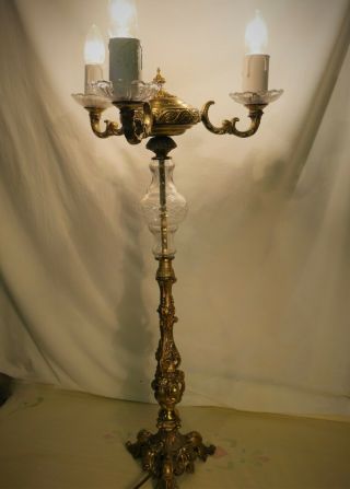 Unique Tall Vintage Gothic Brass And Cut Glass Candelabra Table Lamp.