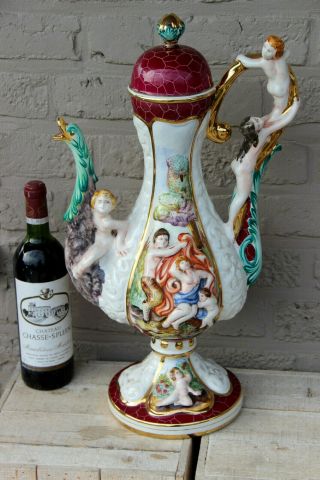 Rare Italian Capodimonte Marked Porcelain Ewer Pitcher Vase Putti Swan Mouth