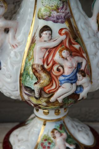 Rare Italian Capodimonte marked porcelain Ewer pitcher vase putti Swan mouth 2