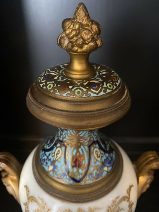 19th Century Sevres French Porcelain Bronze Enamel Champleve Urn Garniture 2