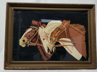 Antique Vintage Hand Embroidered Silk Thread Horse Painting Picture Stitch