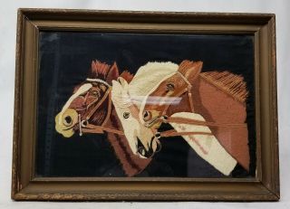 Antique Vintage Hand Embroidered Silk Thread Horse Painting Picture Stitch 2