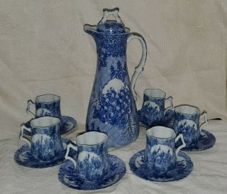 Antique Japanese Porcelain Chocolate Pot Set - Blue White Wise Men Pattern