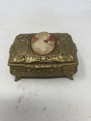 Vintage Metal Music Box With Cameo On Top Gold Toned Sankyo Movement