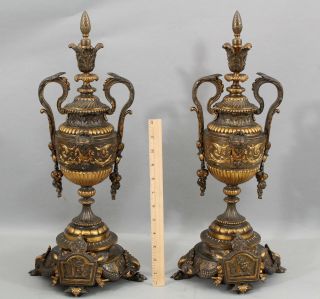 19thc Antique Philippe Mourey French Gilt Spelter & Bronze Mantle Urns