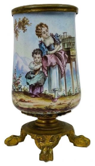 Antique 19thc Vienna Gilt Ormolu Enamel Painted Miniature Vase Toothpick Holder