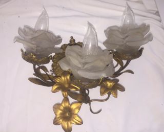 Vintage Tole Brass Floral Wall Sconce 3 Light & Glass Floral Shades Wired 14 3/4