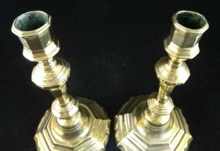 Pr.  French Louis XV period solid brass candlesticks,  c.  1710 - 45.  9 9/16” t. 2