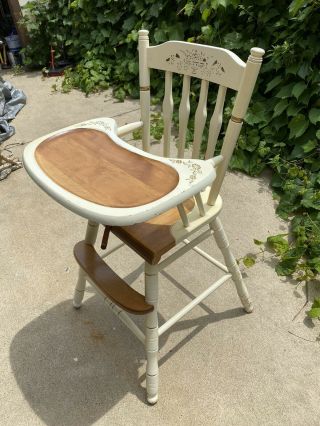 Charming Stenciled Vintage Wooden Baby Feeding High Chair & Removable Tray