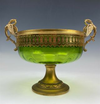 French Gilt Brass Griffin Bird Handle W Emerald Green Glass Footed Compote 007