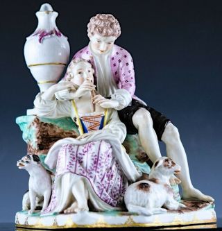 Impressve Large 18th/19thc Royal Vienna German Porcelain Lovers Dog Sheep Figure