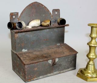 A Rare 19th C Hanging Pipe Box In Tin Tombstone Top And Drawer In Old Surface
